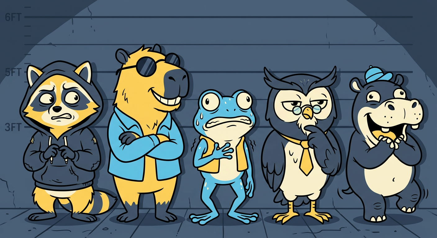 A lineup of original cartoon meme animals: raccoon, capybara, frog, owl and baby hippo